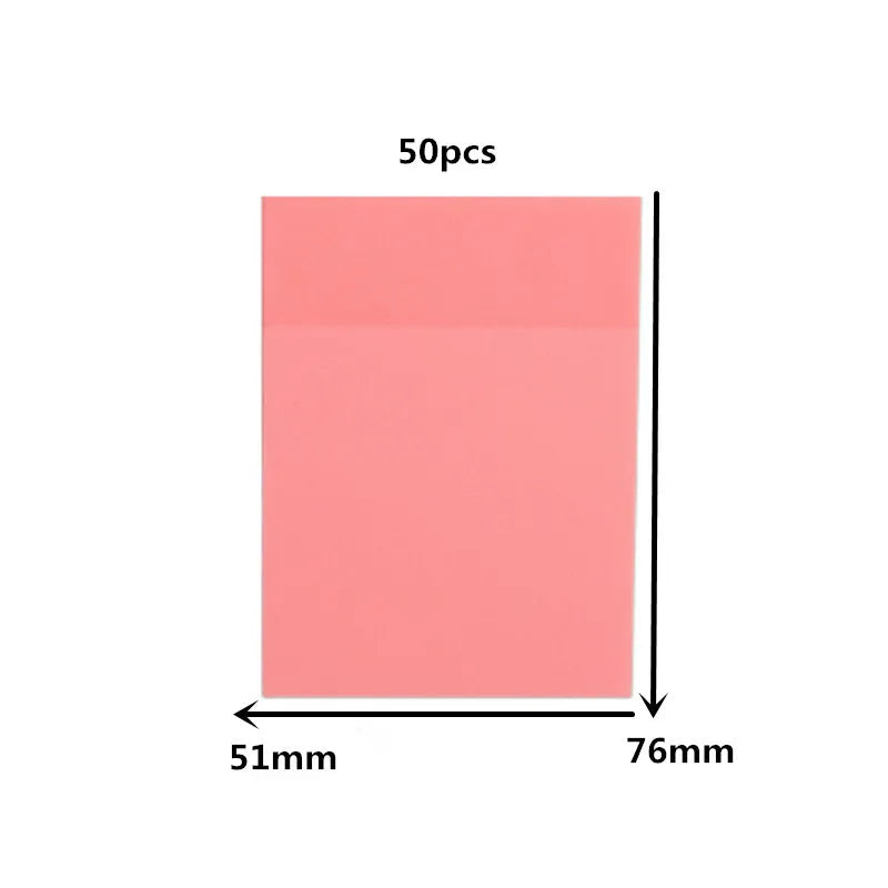 A rectangular sheet of pink sticky note paper, measuring 51mm by 76mm, labeled for 50 pieces.