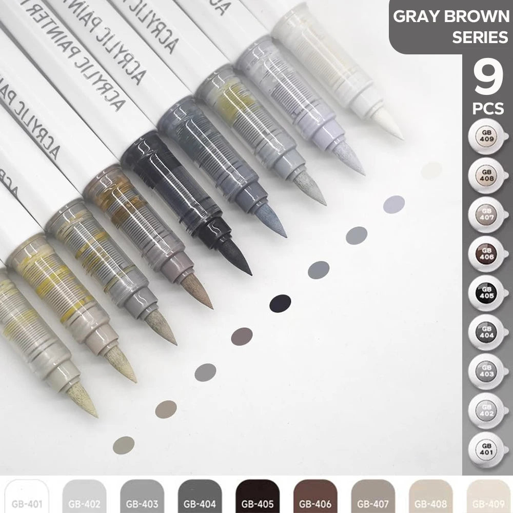 A collection of nine gray brown acrylic brush markers in various shades displayed on a white background.