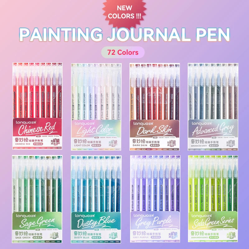 A collection of 72 colored painting journal pens in various shades including red, green, blue, and grey.