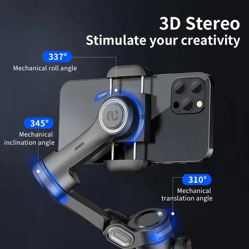 A black 3-axis gimbal stabilizer is shown with various mechanical angles for simulating 3D stereo effects.