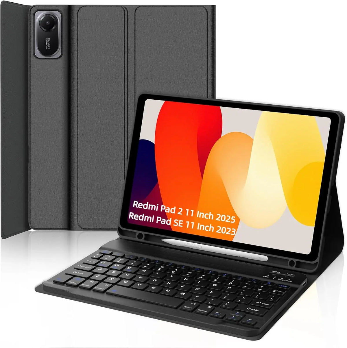 A black wireless Bluetooth keyboard case for the Redmi Pad 2 and Redmi Pad SE tablets.