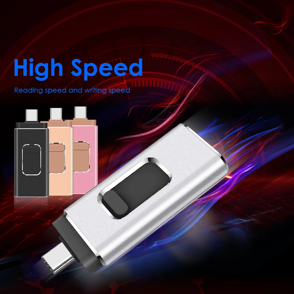 A silver USB flash drive is shown next to three colored flash drives, highlighting high speed reading and writing capabilitie