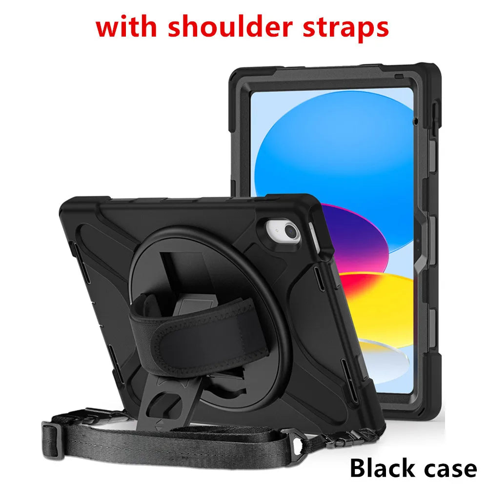 Black universal shockproof silicone case with shoulder straps shown next to an iPad.