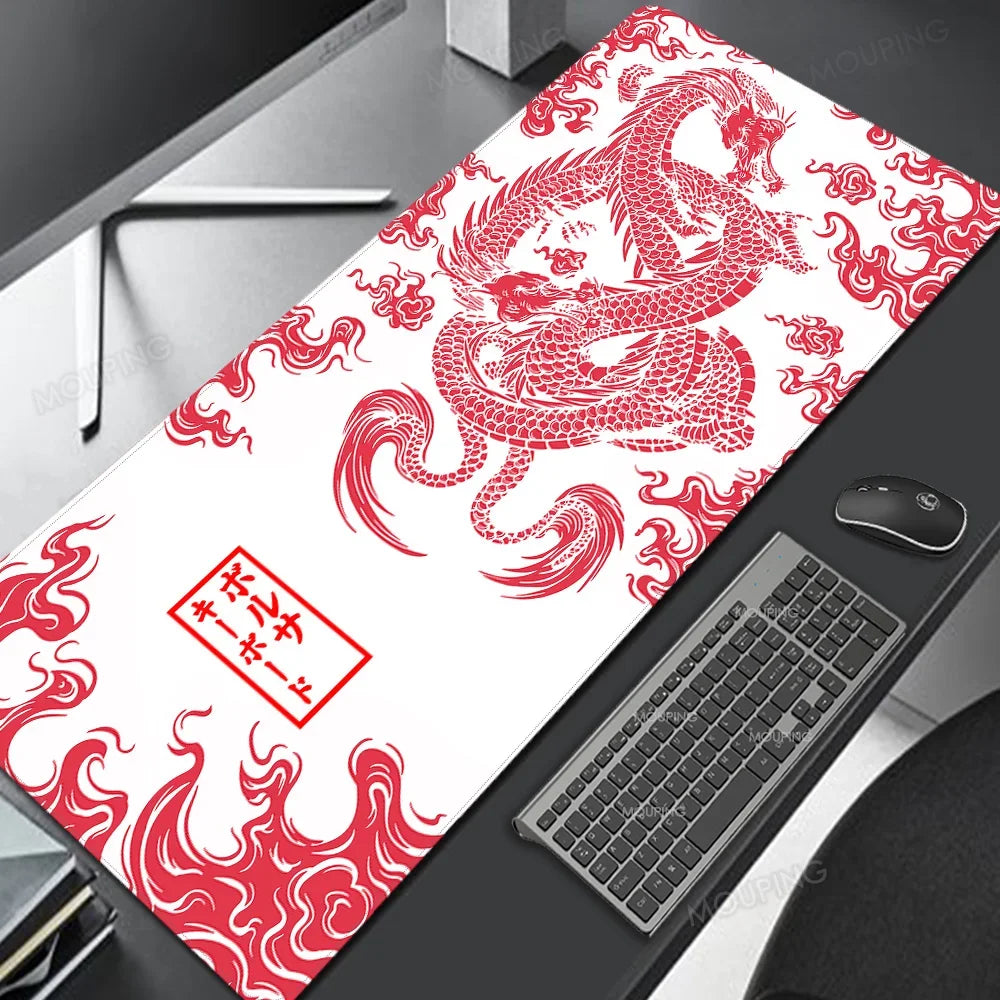 A red and white Japanese-style gaming desk mat featuring a dragon design placed on a dark surface.
