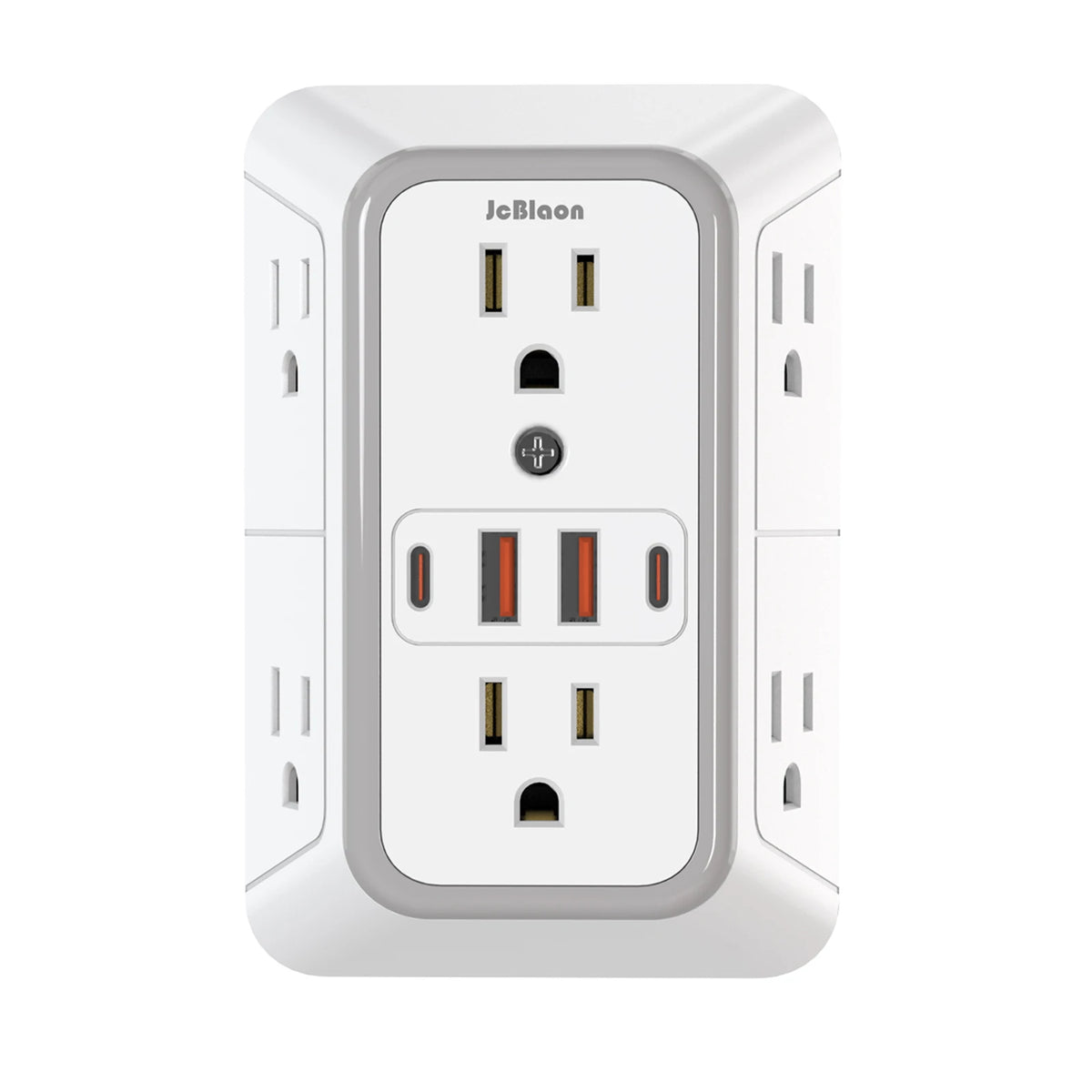A white JBlaon 6-in-1 multi-port power strip with multiple outlets and USB charging ports.