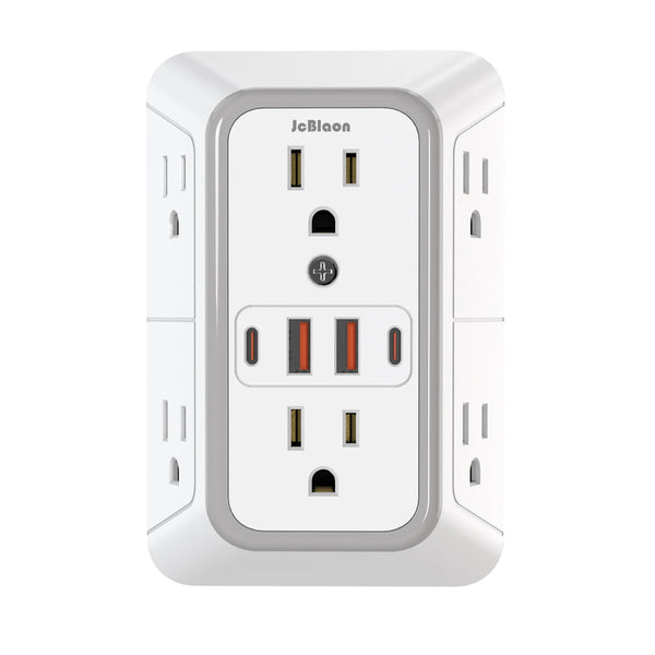 A white JBlaon 6-in-1 multi-port power strip with multiple outlets and USB charging ports.