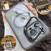 A clear silicone phone case for an iPhone with a magnetic shockproof design shown in various angles.