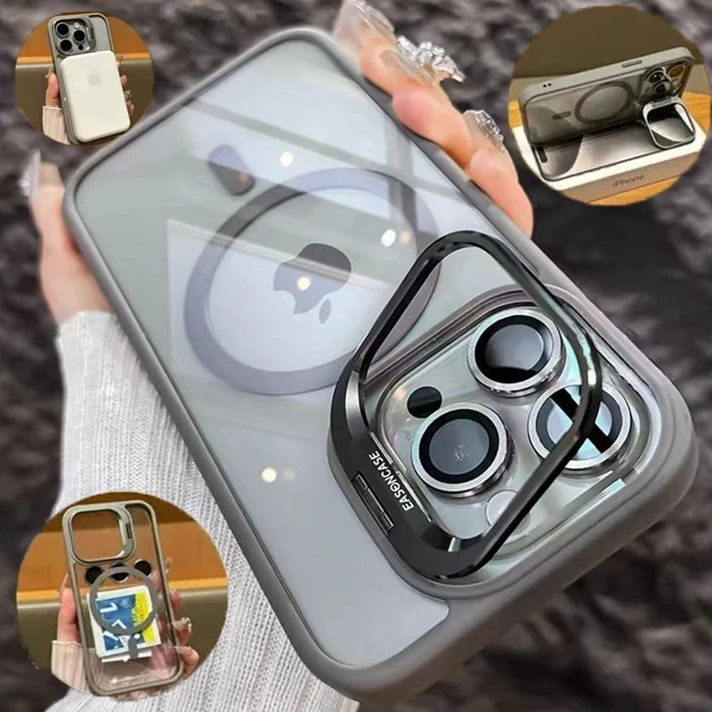 A clear silicone phone case for an iPhone with a magnetic shockproof design shown in various angles.