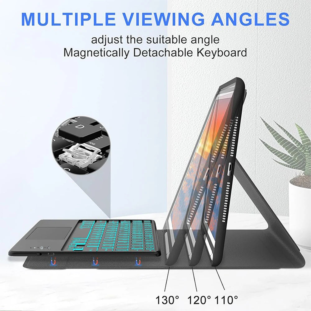 Magnetic detachable keyboard case for iPad showing multiple viewing angles 130, 120, and 110 degrees