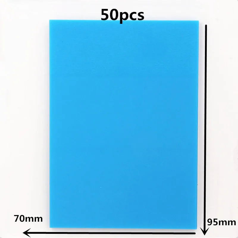 A rectangular blue sticky note pad with dimensions 70mm by 95mm, labeled for 50 pieces.