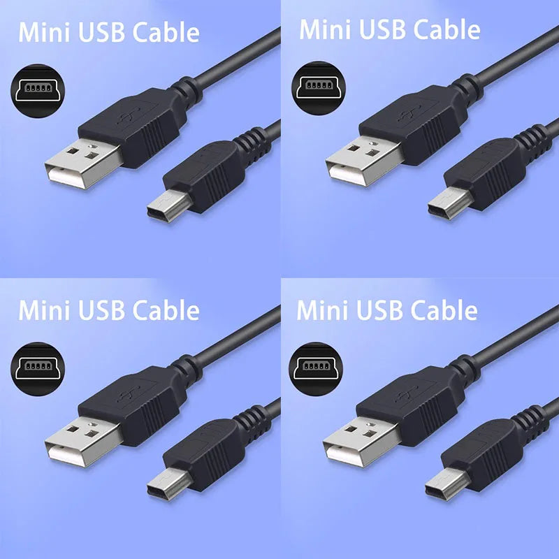 Four views of a black Mini USB cable used for data and charging connections.