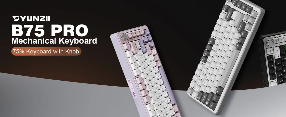A close-up view of the Yunzii B75 Pro mechanical keyboard featuring a pink and white design.