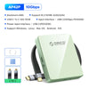 Una carcasa magnética NVMe SSD de color verde claro con un cable negro y conector USB-C.