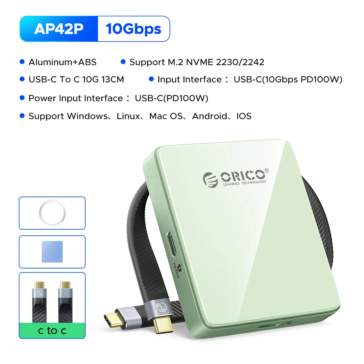 Una carcasa magnética NVMe SSD de color verde claro con un cable negro y conector USB-C.