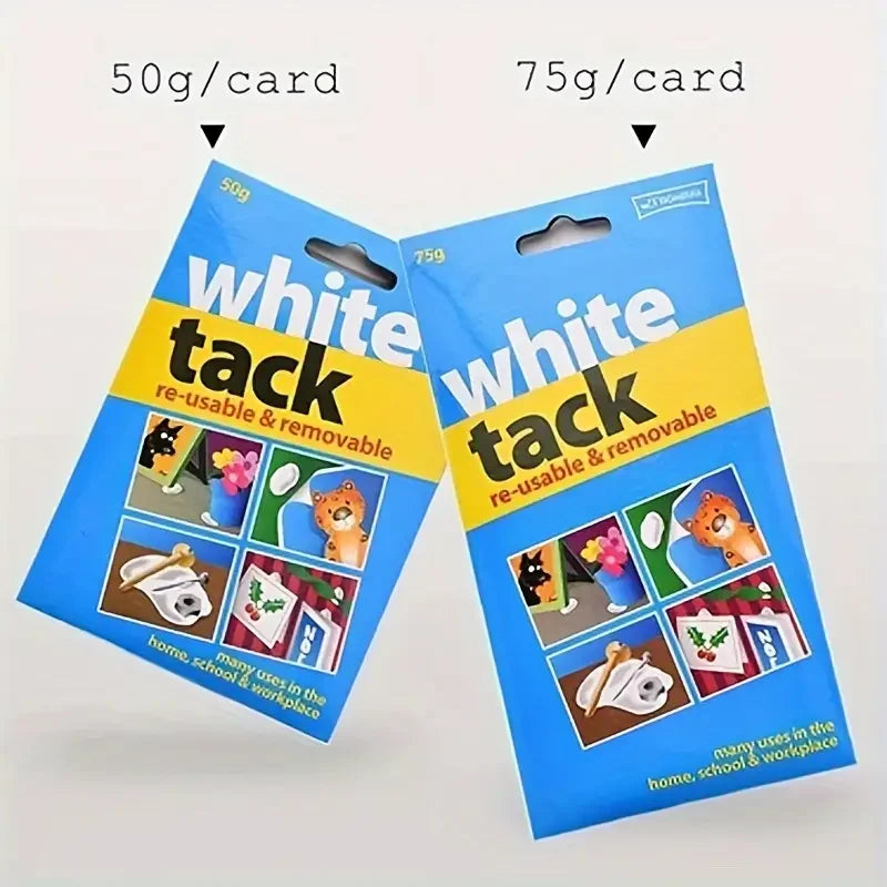 Two packages of White Tack sticky adhesive putty, 50g and 75g per card.