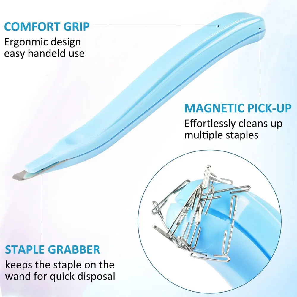 A light blue magnetic staple remover tool with a comfort grip and staple grabber is shown cleaning staples from a blue object