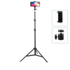 A black adjustable phone tripod with a smartphone mounted on top, used for video and selfie filming.