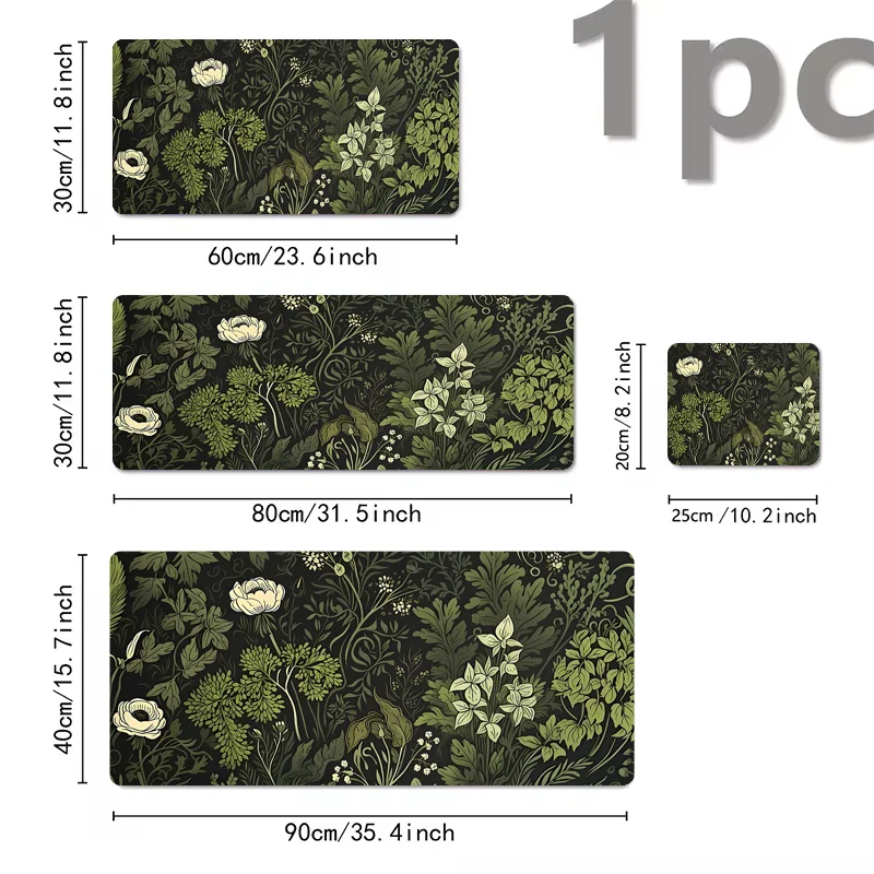 A set of three floral design mouse pads in dark green and olive tones with a non-slip rubber base.