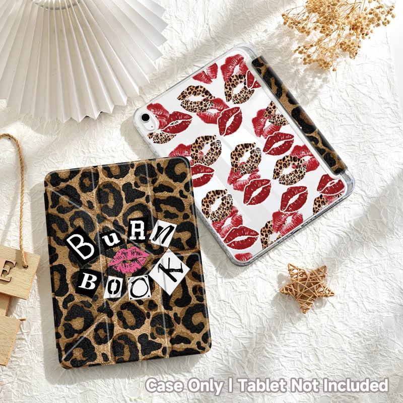 A clear protective case for an iPad featuring a leopard print design with red lips and gold accents.