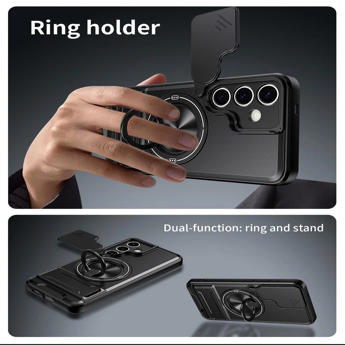A hand holds a phone with a ring holder accessory, demonstrating its dual function as a ring and stand.