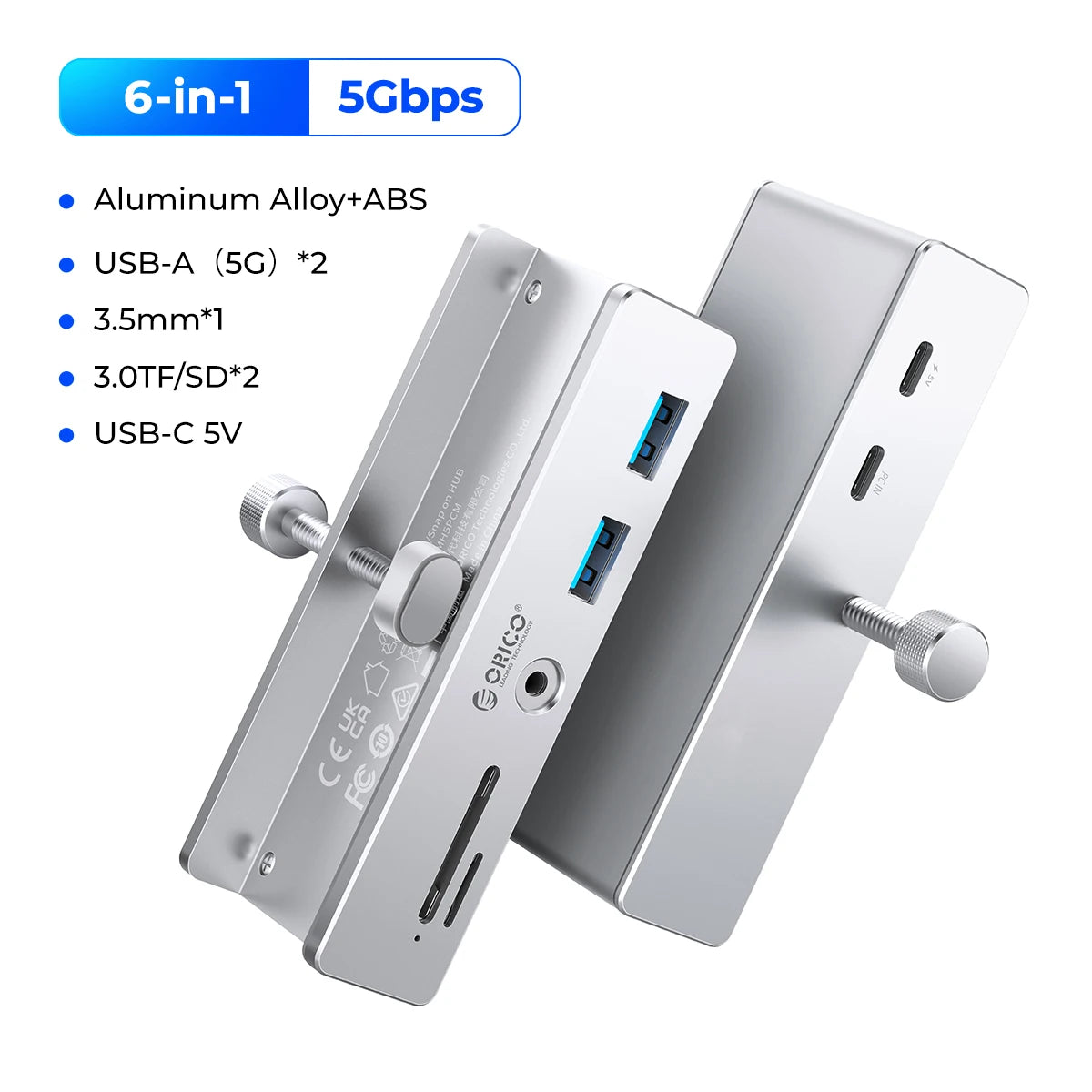 A silver 6-in-1 USB-C hub featuring multiple ports including USB-A, microSD, and power input.