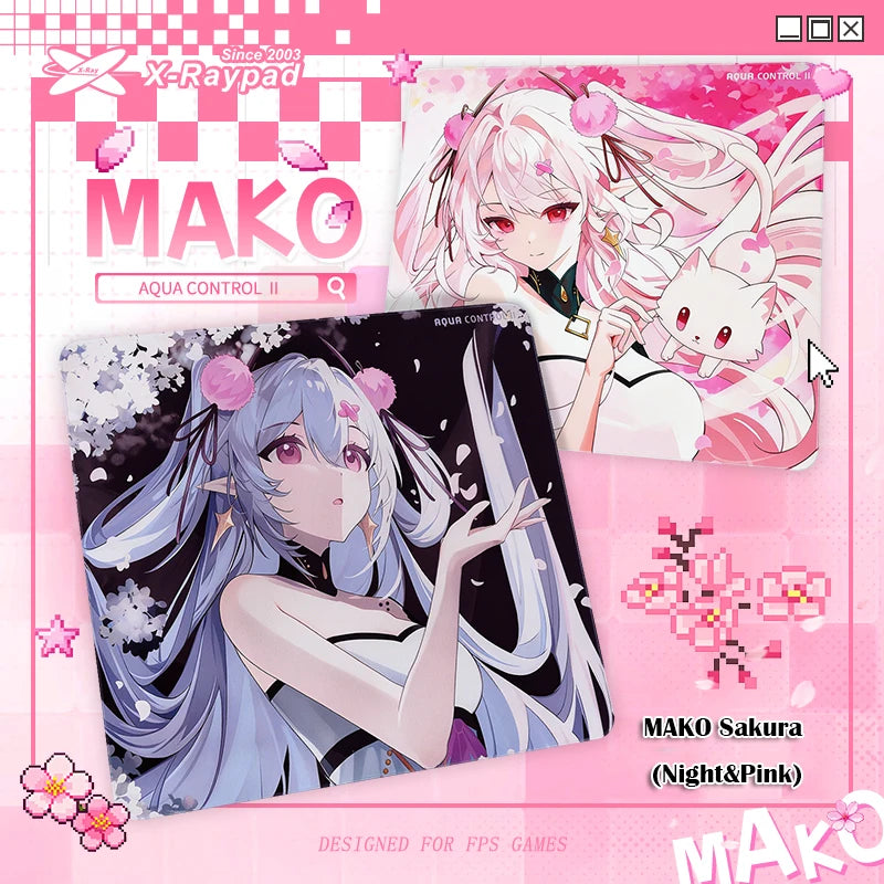 A gaming mouse pad featuring MAKO Sakura characters in pink and white, designed for FPS games.