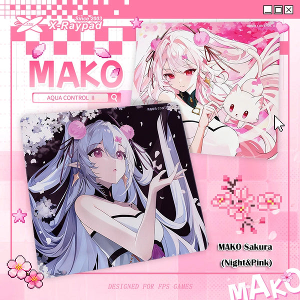 A gaming mouse pad featuring MAKO Sakura characters in pink and white, designed for FPS games.