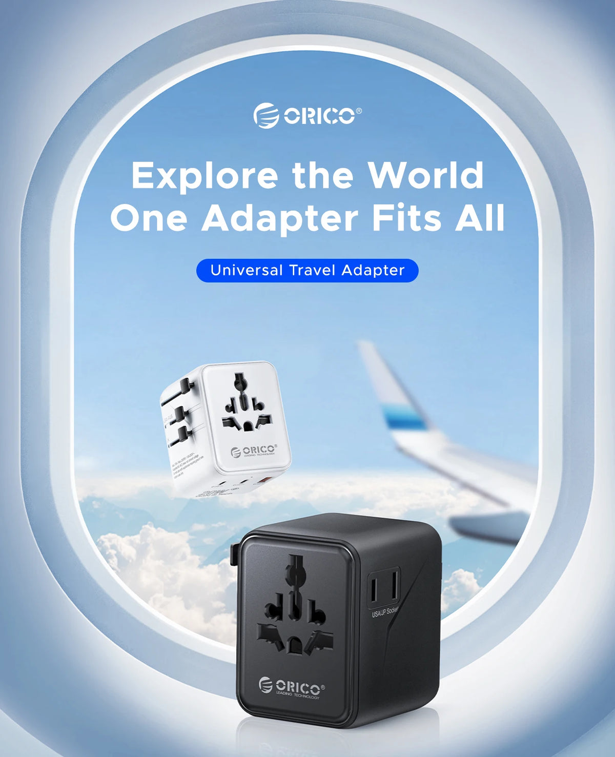 A black universal travel adapter with multiple USB ports is shown against a light blue sky and clouds.
