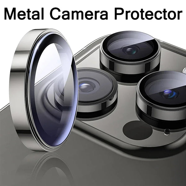A metal camera protector featuring multiple lenses and a protective glass lens component.