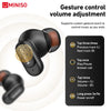 Black Bluetooth earphones with microphone showing gesture control features.