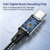 Nahaufnahme eines DAC-Digital-Musik-Decodierchips in einem Audioadapterkabel.