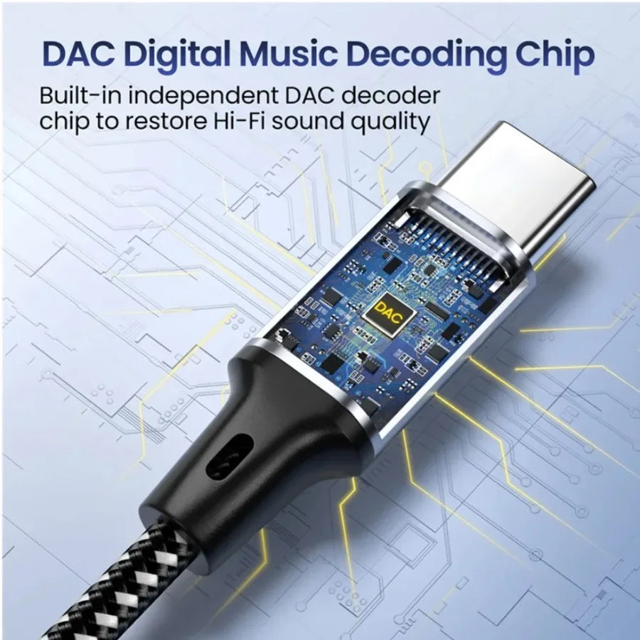 Nahaufnahme eines DAC-Digital-Musik-Decodierchips in einem Audioadapterkabel.
