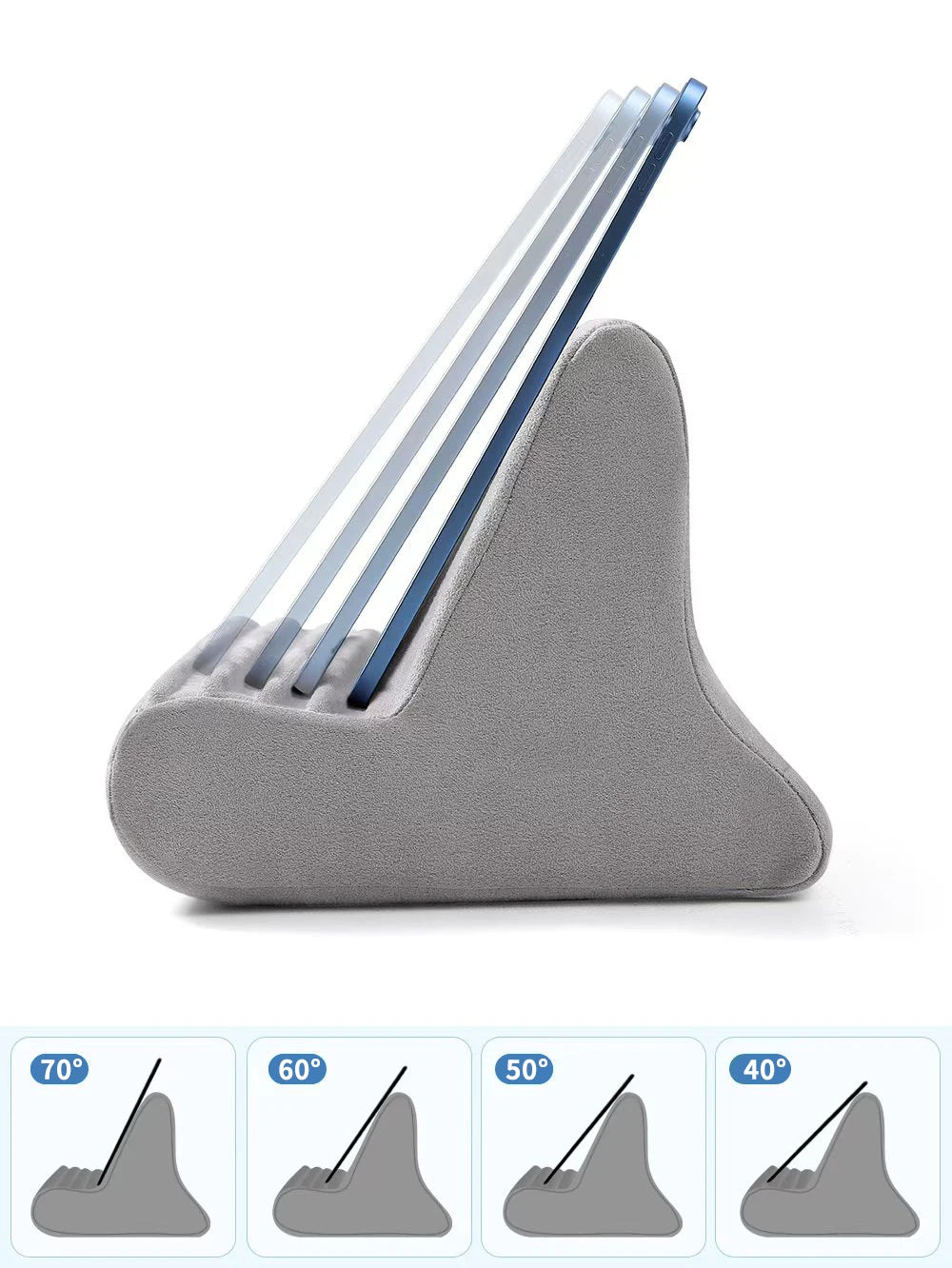 A gray multi-angle adjustable tablet and phone holder with multiple transparent arms for flexible viewing angles.