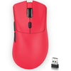A red high-performance wireless gaming mouse with a black scroll wheel and side buttons is shown next to its replacement part