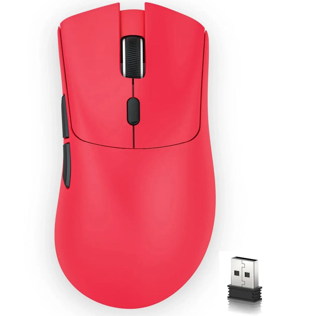 A red high-performance wireless gaming mouse with a black scroll wheel and side buttons is shown next to its replacement part