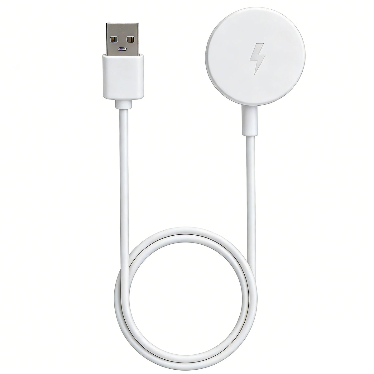 White magnetic wireless charging cable with a USB connector and a lightning bolt symbol.