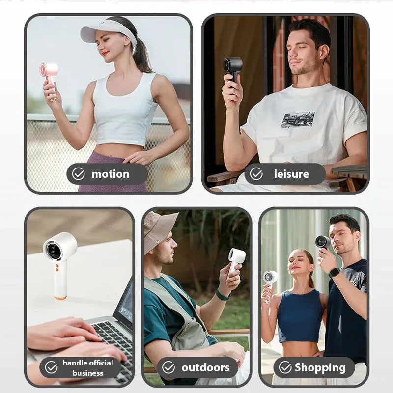 A collection of images showing a mini portable USB rechargeable handheld fan used for motion, leisure, outdoors, and shopping