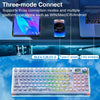 Transparent mechanical keyboard with RGB lighting shown alongside smartphone and laptop devices