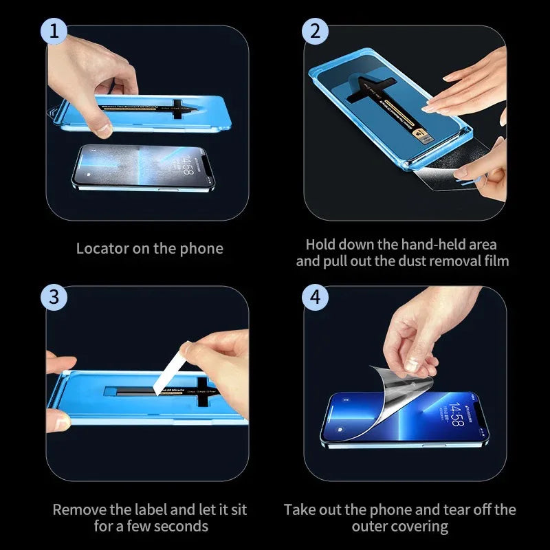 Step-by-step guide showing how to use a locator tool to remove a dust film from a phone screen.