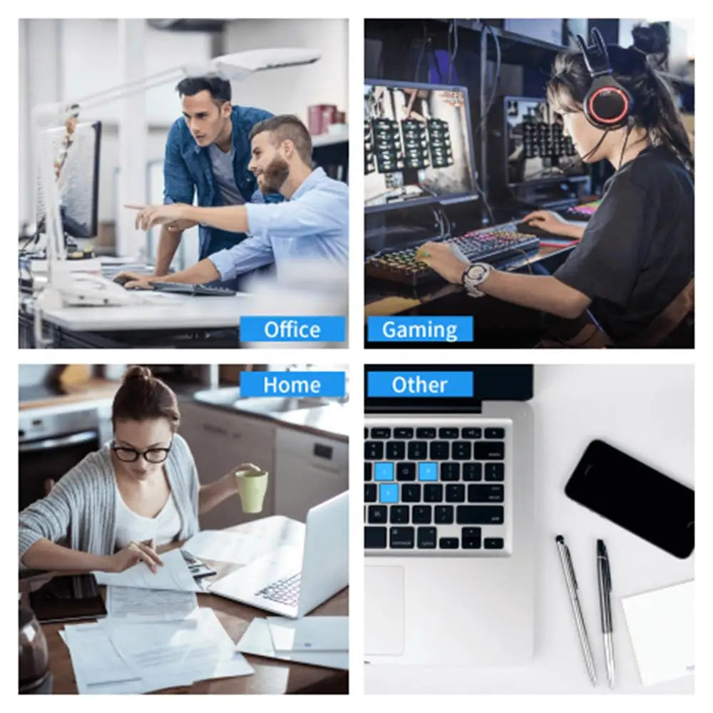 A collection of four images showing a black and white checkered desk mat used in office, gaming, home, and other work context