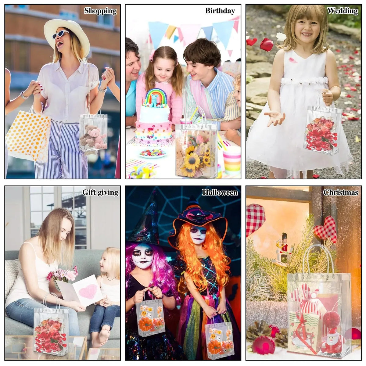 Colección de bolsas de regalo para diversas ocasiones como compras, cumpleaños, bodas, obsequios, Halloween y Navidad.