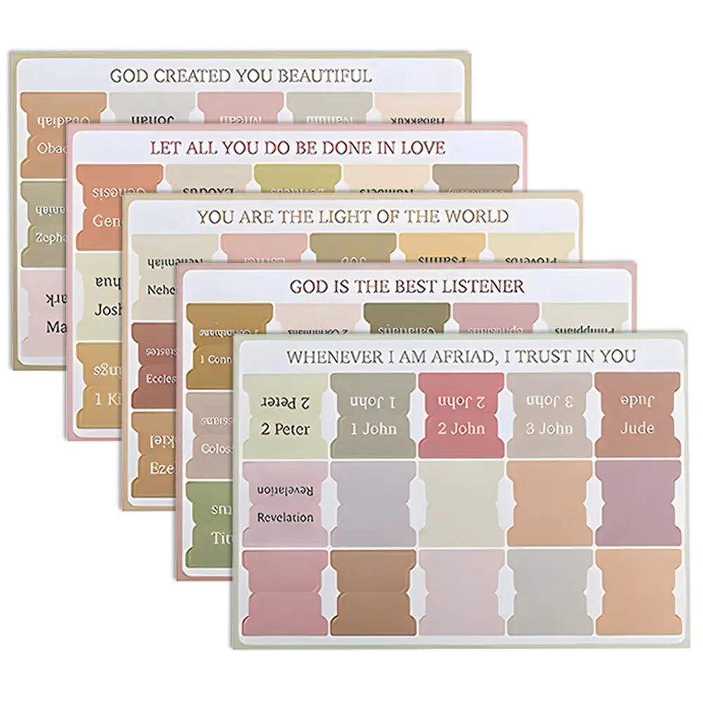 A set of large print self-adhesive Bible tabs in various pastel shades for marking scripture.