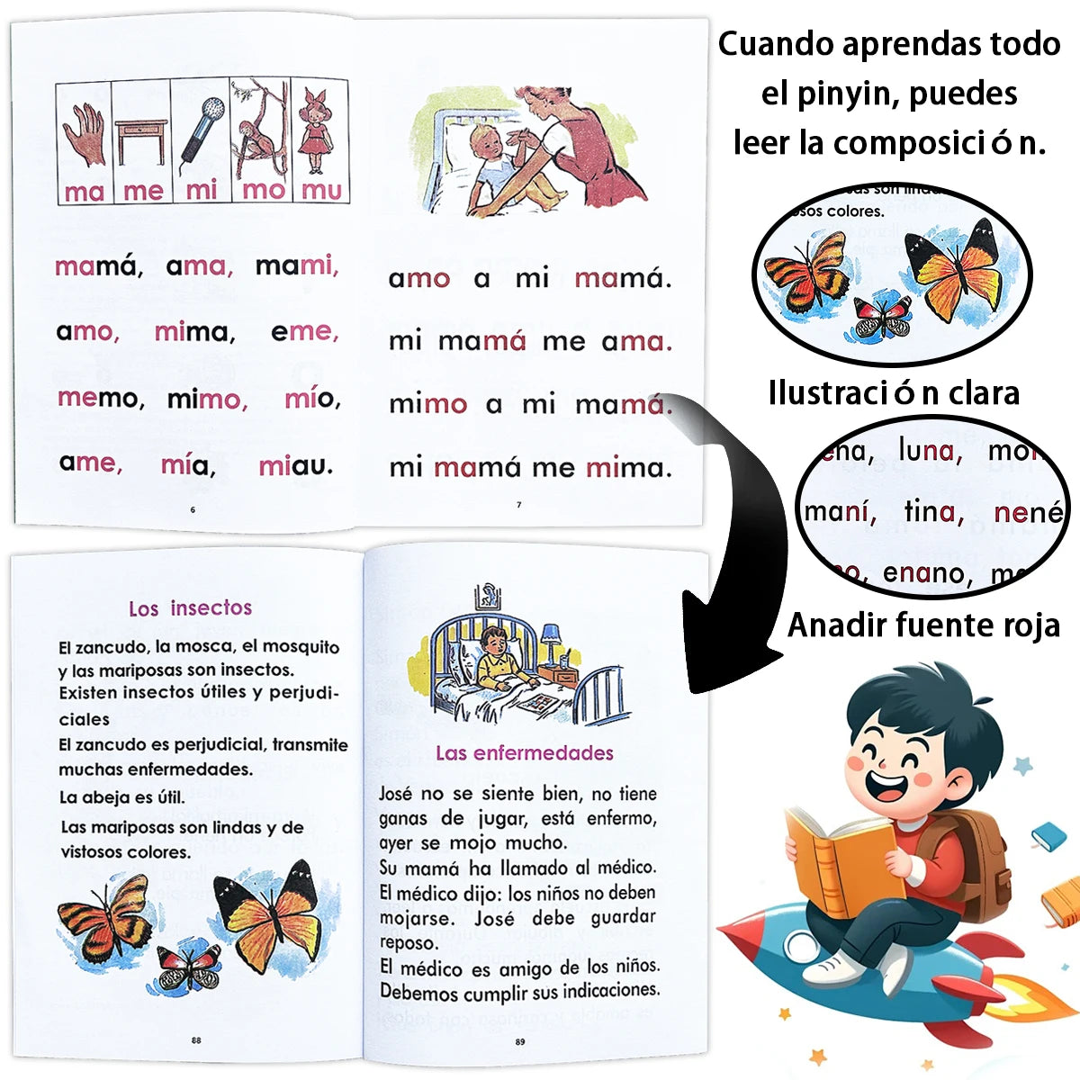 Seite aus einem spanischen Lernbuch mit Wörtern wie mamá, amo und mimi und Illustrationen.