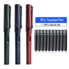 A set of three red and black fountain pens with ten black ink cartridges.