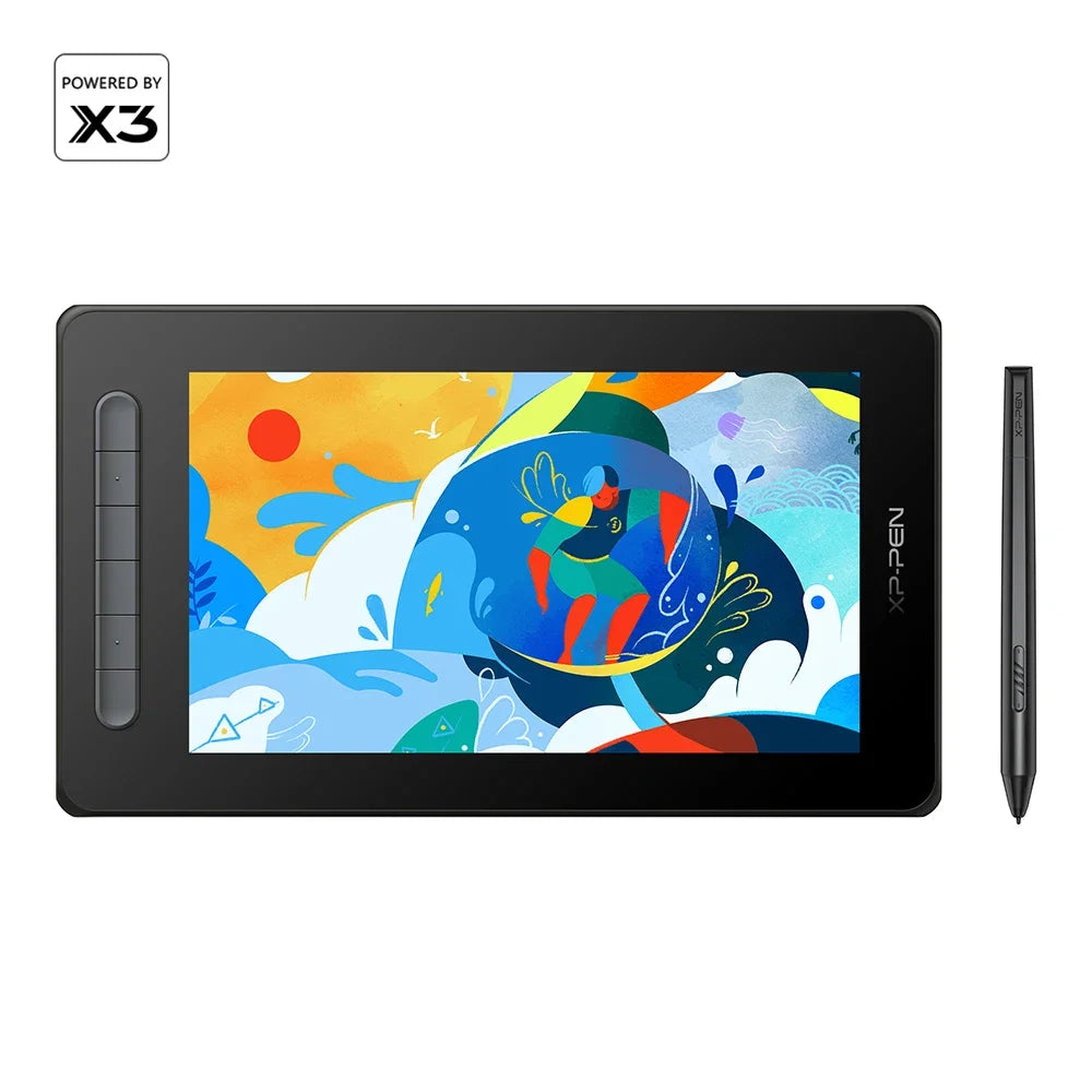 A black digital drawing tablet with a vibrant colorful illustration displayed on the screen.
