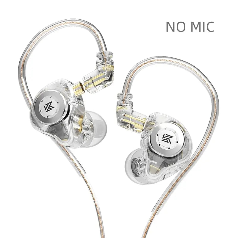 A pair of clear dynamic earphones with gold accents and a flexible wire, shown against a white background.