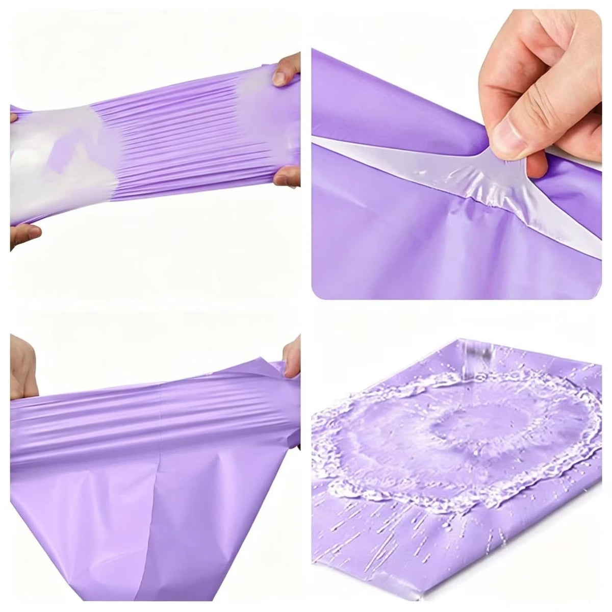Matte purple self-adhesive mailing bags shown in various angles and usage examples.