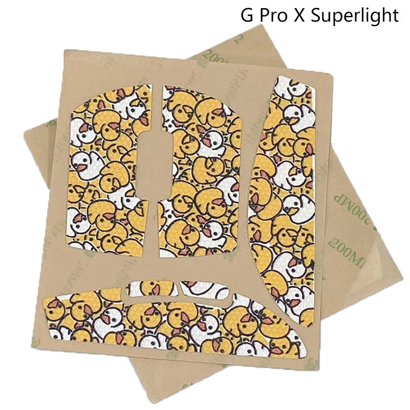 Set rutschfeste Grip-Decals für eine Maus mit einem Muster aus gelben und weißen Cartoon-Tieren.