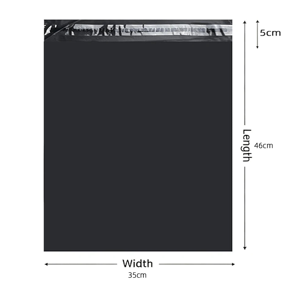 Black poly mailers for shipping, measuring 35cm wide by 46cm long.