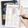 A spiral-bound cleaning schedule planner with daily tasks and weekly routines for household management.